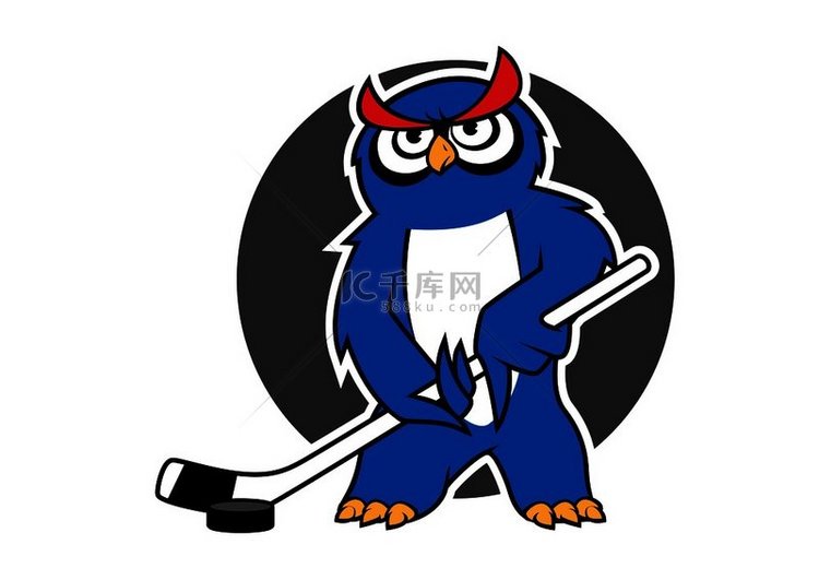 蓝色猫头鹰冰球运动员卡通人物，
