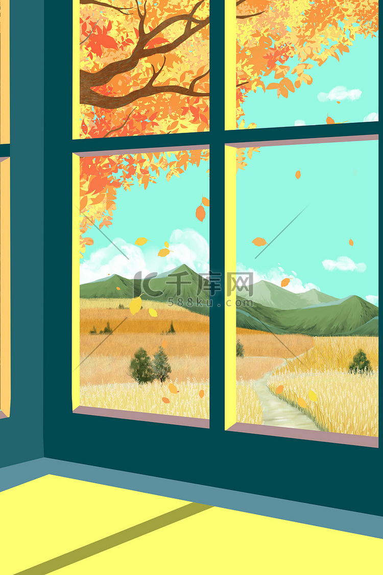 简约秋天窗外风景卡通手绘背景