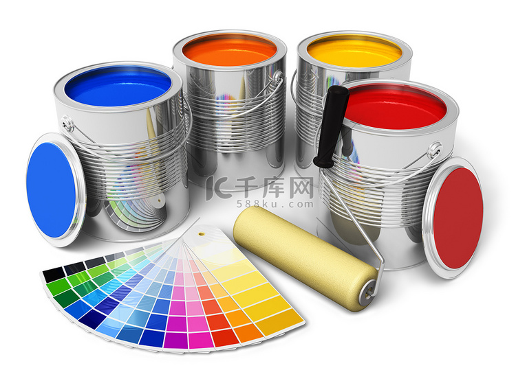 用彩色涂料罐滚子画笔和颜色指南