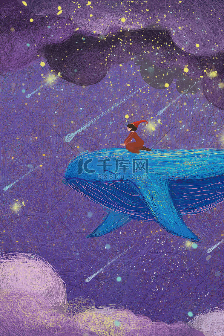 儿童节鲸鱼与女孩紫色卡通唯美海