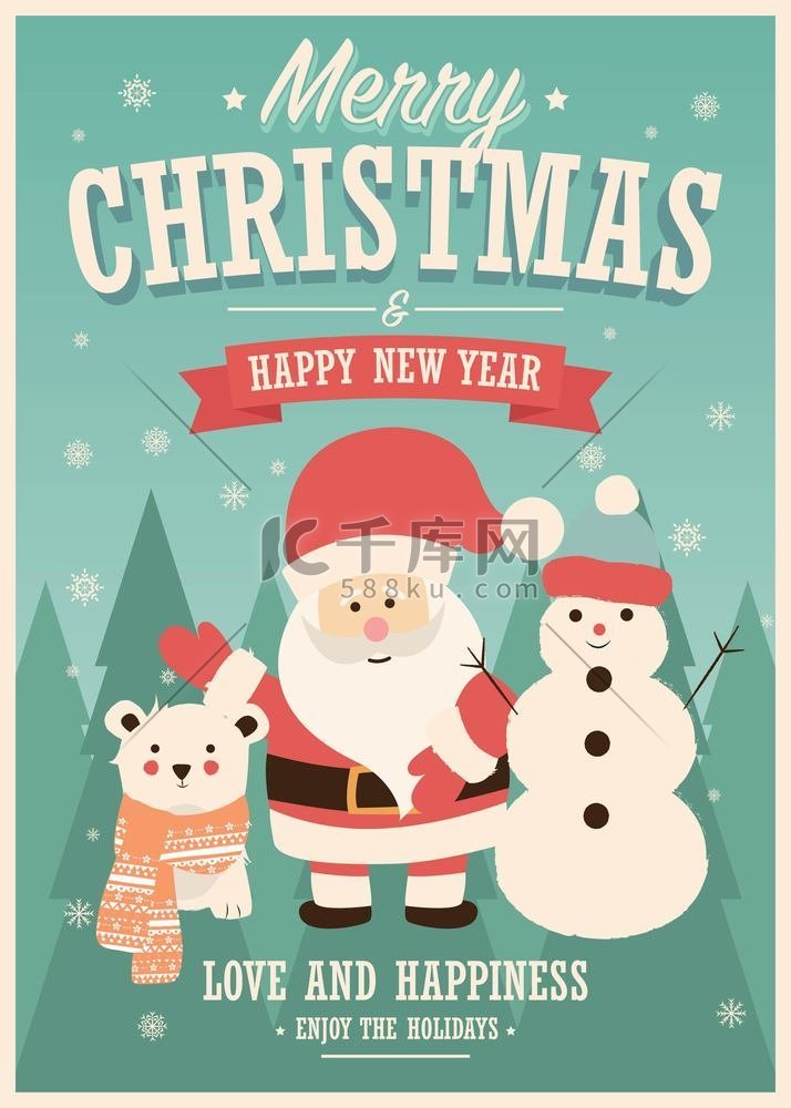 圣诞快乐卡与圣诞老人、雪人和驯