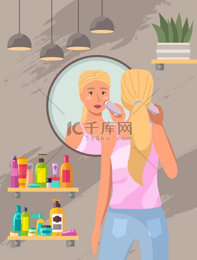 女人使用设备清洁和擦洗她的脸。