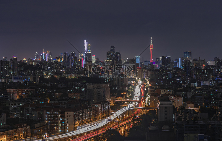 广州车轨高架桥夜晚建筑楼顶拍摄