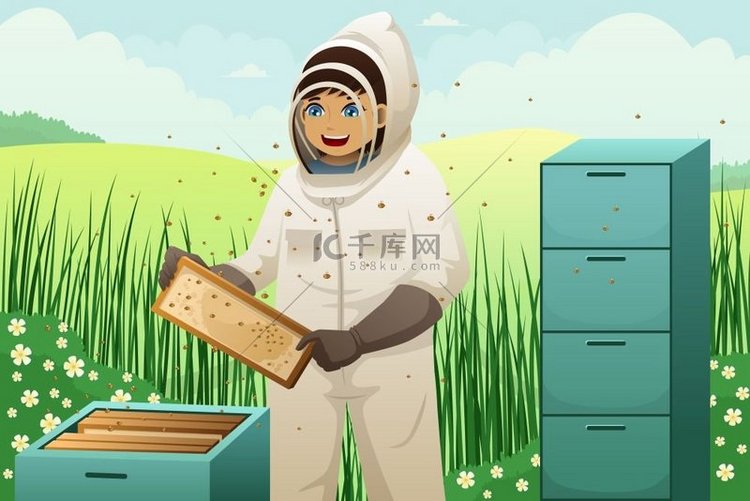 养蜂人的矢量图解将蜂巢框从蜂箱