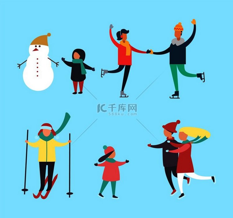 冬季雪人和儿童家庭活动载体人们