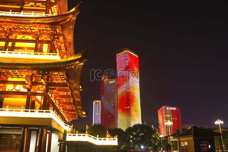 湖南长沙夜晚古建筑办公大楼夜景