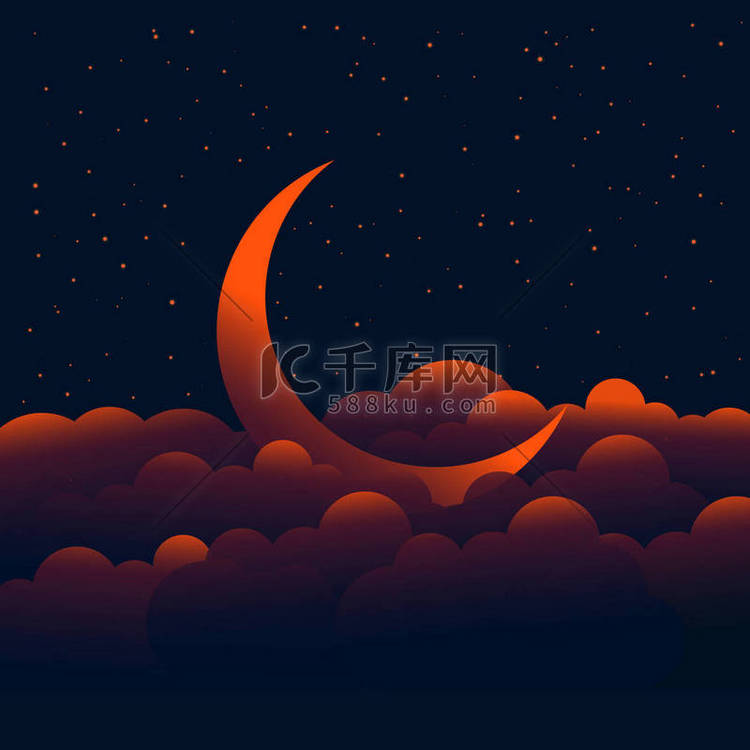 年轻的月亮在云彩中闪烁着橙色的