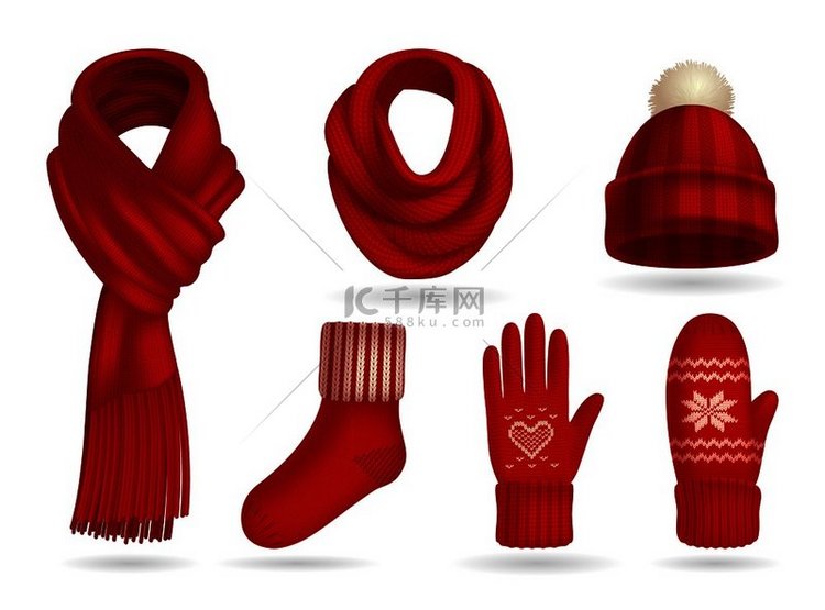 冬季红色针织服装带手套和围巾的