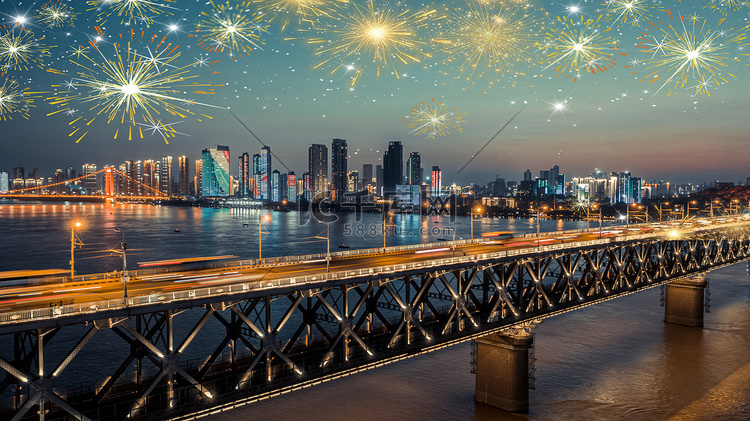 城市夜晚春节国庆烟花夜晚城市烟