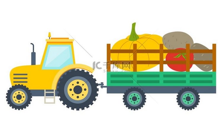 拖拉机在拖车中运载南瓜、西红柿