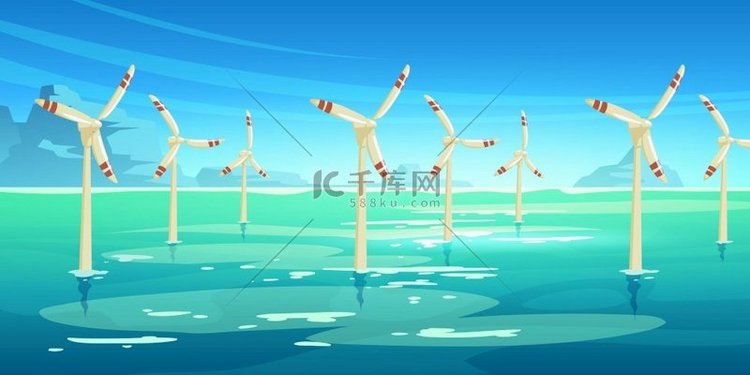 带有涡轮机的海上风电场站在海中