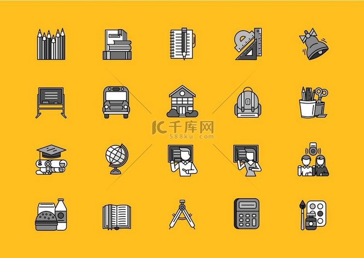 黑色学校细线轮廓笔划图标一组学