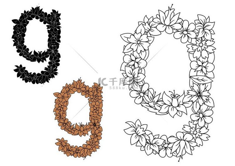 无色花卉字母表小写字母 g，由