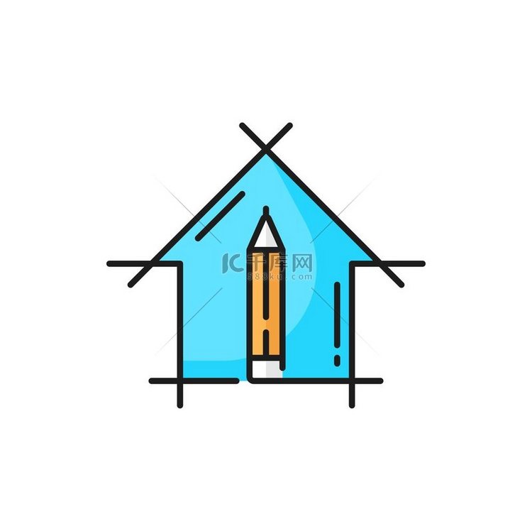 住宅施工图、铅笔和房屋矢量建筑