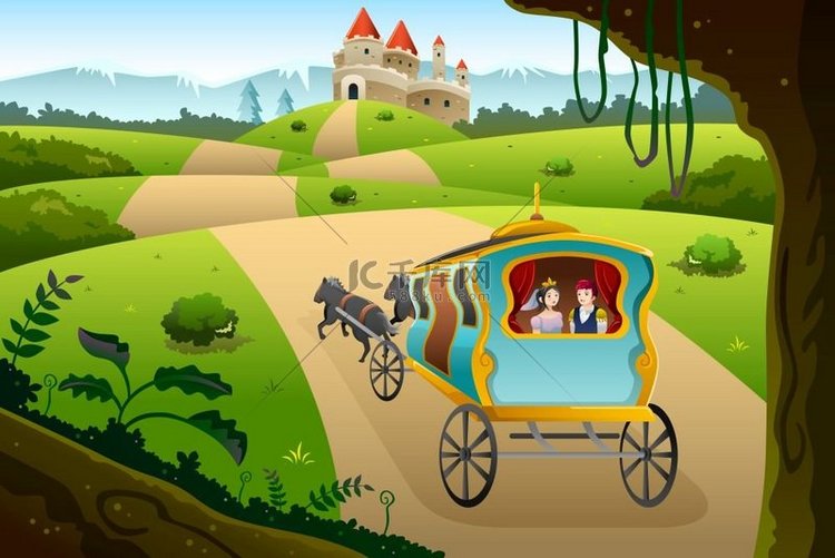 王子和公主乘坐马车前往城堡的矢