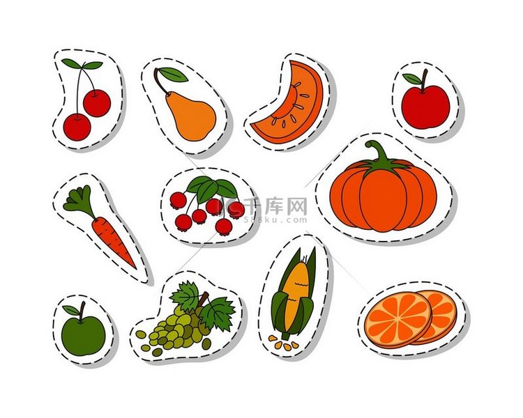 成熟的水果和蔬菜贴纸或图标集。