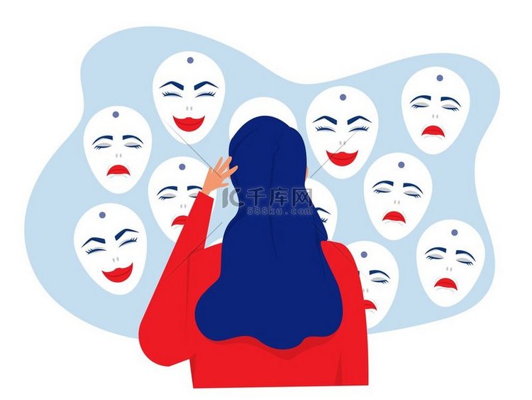 女人混淆与面具快乐或悲伤的表情