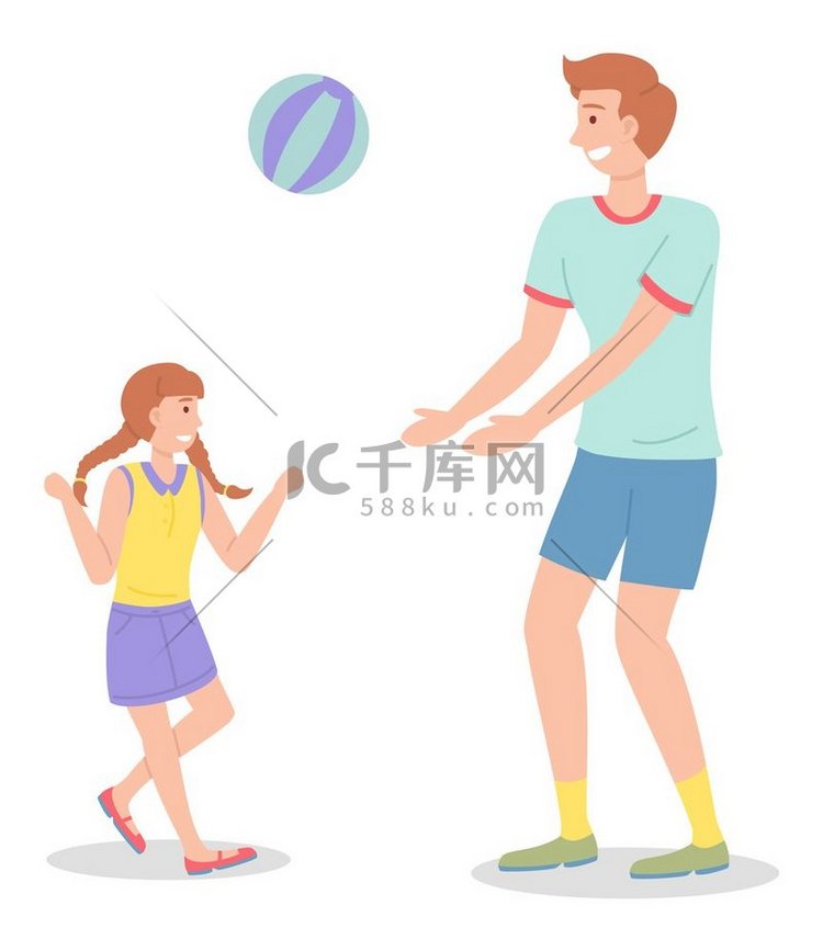 爸爸和女儿在白色上孤立地玩球。