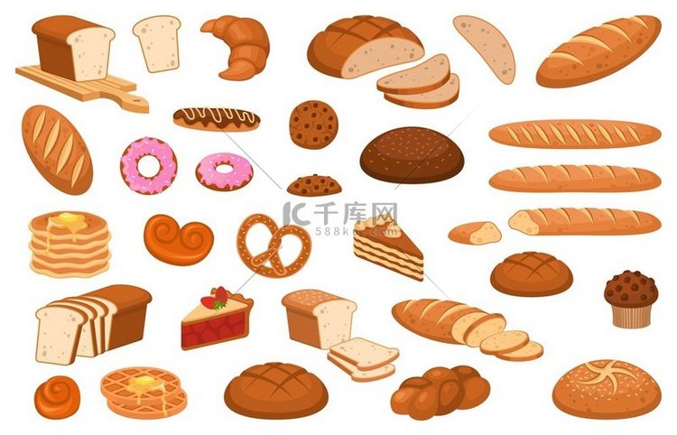 卡通面包各种甜面包和烤面包卷或