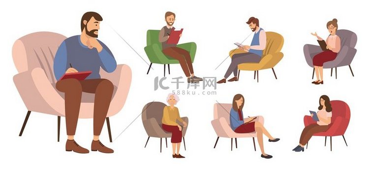 一群人坐在椅子上聊天，在笔记本