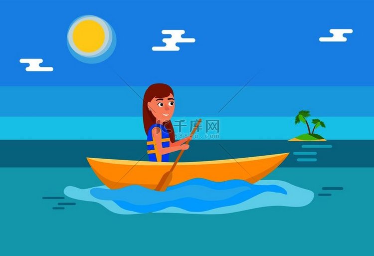 皮划艇女孩坐在船上拿着桨，夏季