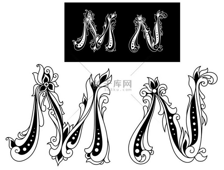 复古花卉风格的大写字母 M 和 N