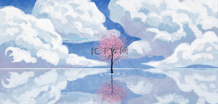 天空 樱花树白色蓝色插画海报