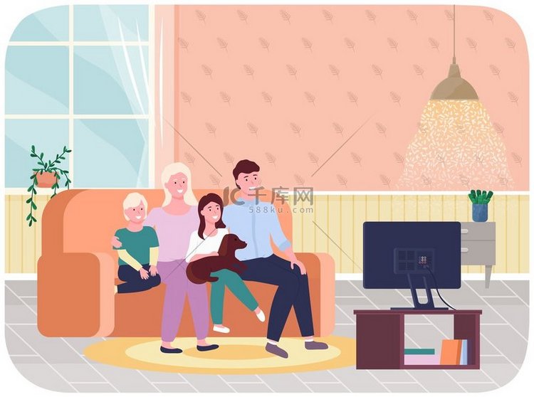 一家人坐在一起看电视。