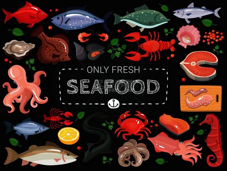 海鲜餐厅菜单项目彩色图标在黑色