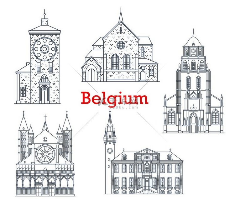 比利时建筑地标和建筑物，矢量古