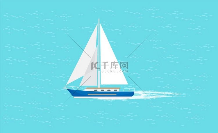 帆船与白色帆布在深蓝色的海水中