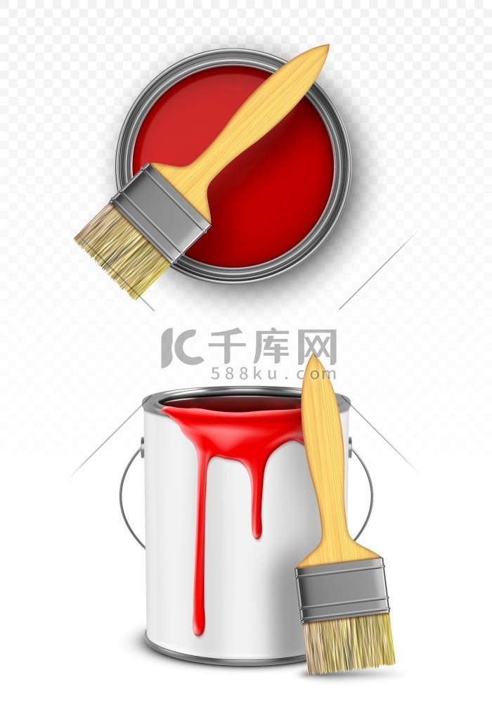 带刷子的油漆罐，带红色滴水的锡