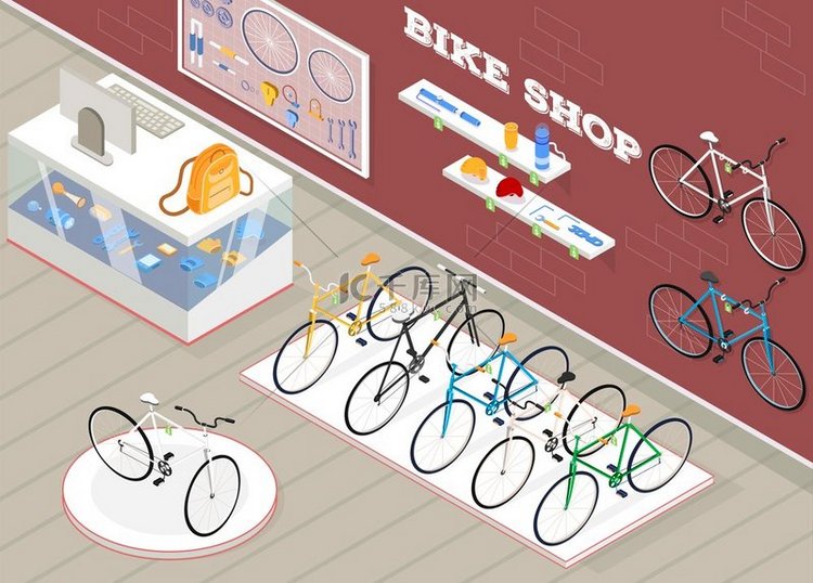 自行车店等距背景与自行车配件和