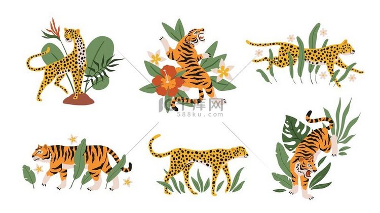 有老虎、豹子和美洲虎的热带树叶