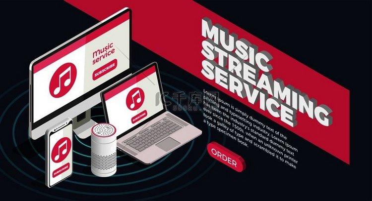 音乐行业等距海报与流媒体服务符
