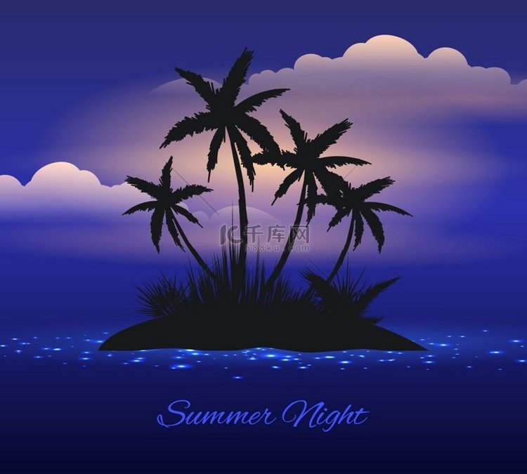 夏夜热带棕榈岛夏夜有棕榈树的热