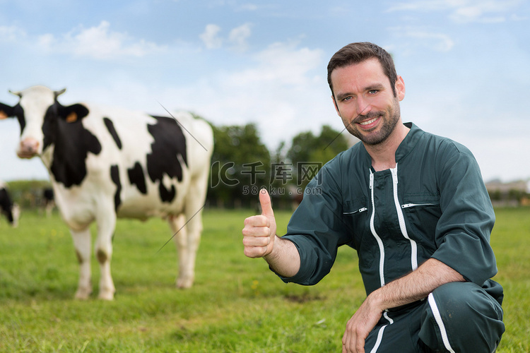 一个年轻的有吸引力农夫与牛的牧