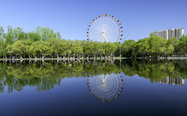 公园游乐设施上午树木湖水夏季素