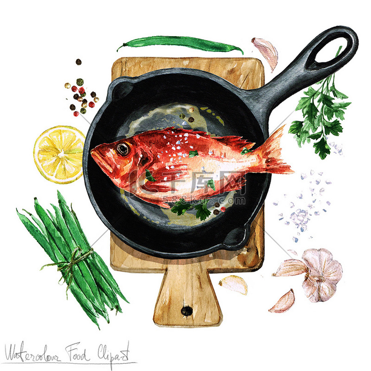 水彩食品剪贴画-一个煎锅鱼