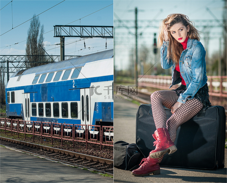性感迷人的女孩，红头靴在火车站