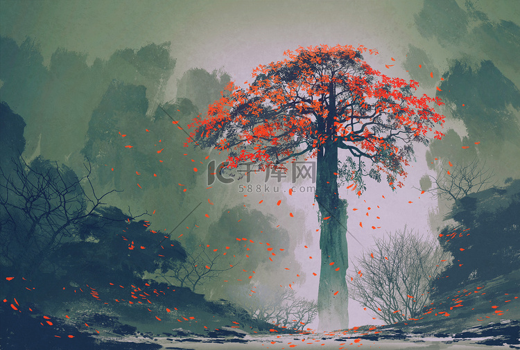 飘落的树叶，在冬季森林孤独红秋