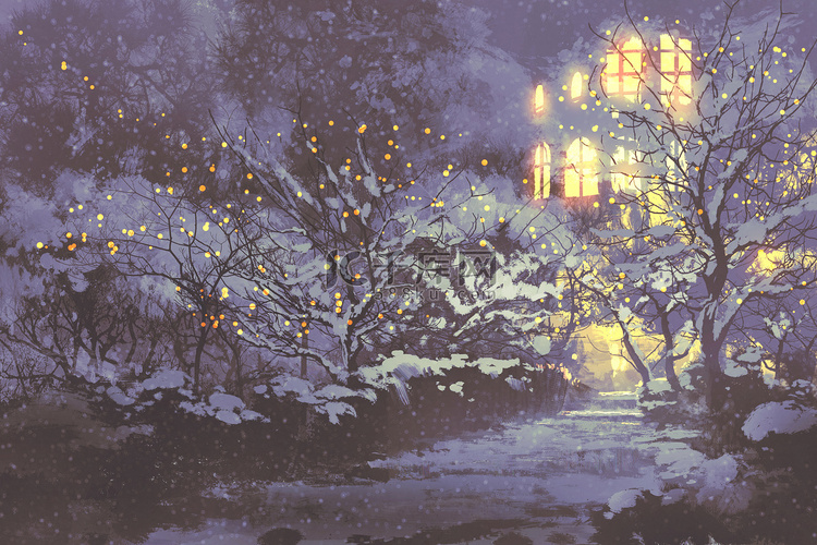 下雪的冬天小巷和树上的圣诞灯在