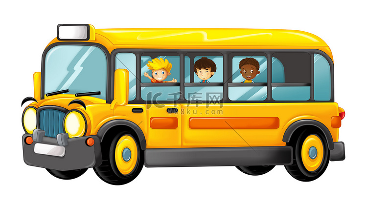 滑稽看卡通黄色公共汽车与学生-