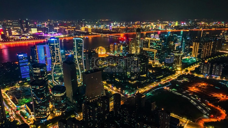 航拍杭州城市CBD繁华全貌夜景