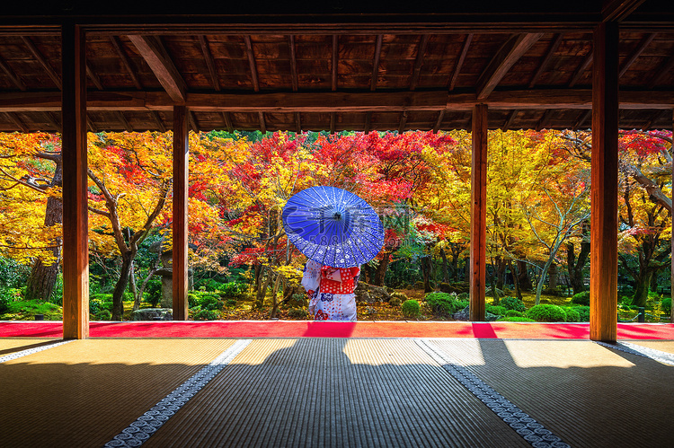 秋天，日本京都恩科寺的亚洲妇女