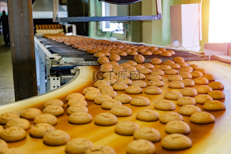 烘焙生产线。传送带上的饼干 