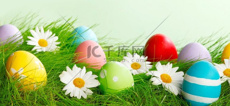 绿色草地上彩蛋和鲜花的复活节构