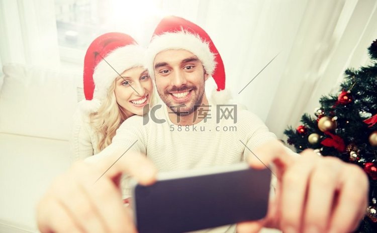 情侣、圣诞节、智能手机、自拍