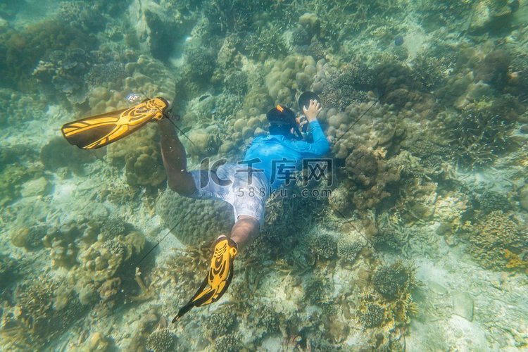 浮潜潜水员使在热带礁的自由潜水