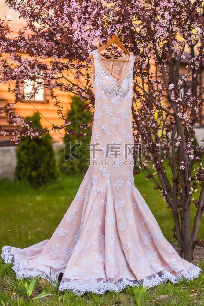 木屋里的树上挂着婚纱